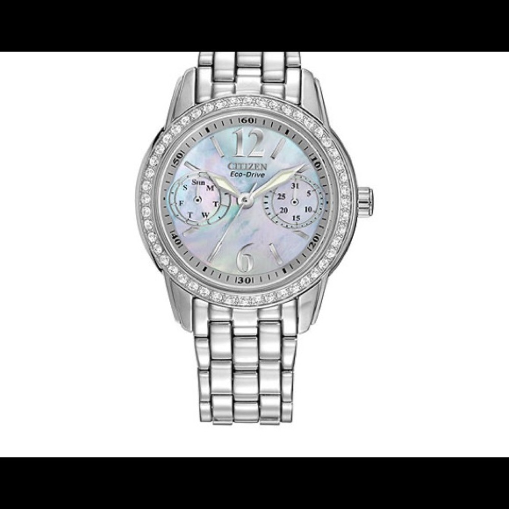 CitizenEco-Drive Womens Silver-Tone Black Mother-of-Pearl Multifunction Watch